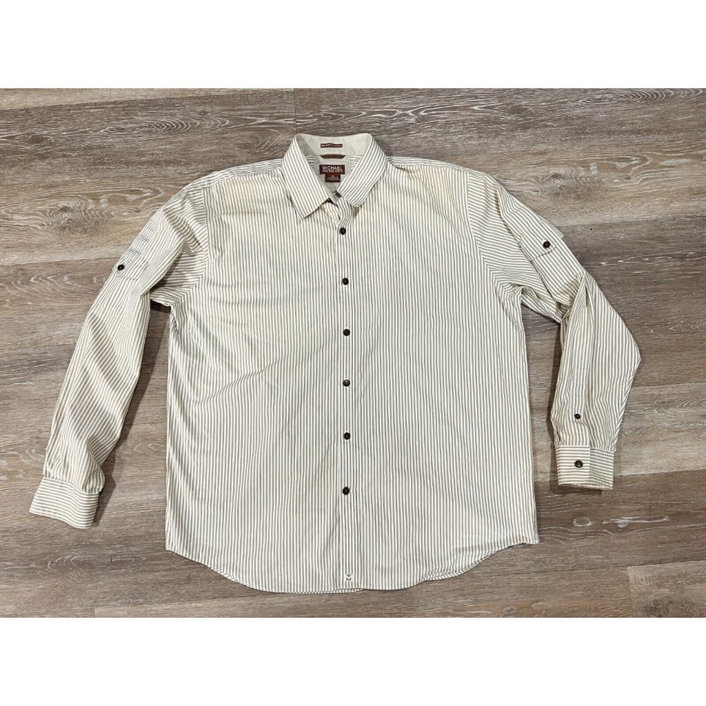 Michael Kors Mens Sz XL Button Down Cargo Shirt Utility Cotton Striped Tan